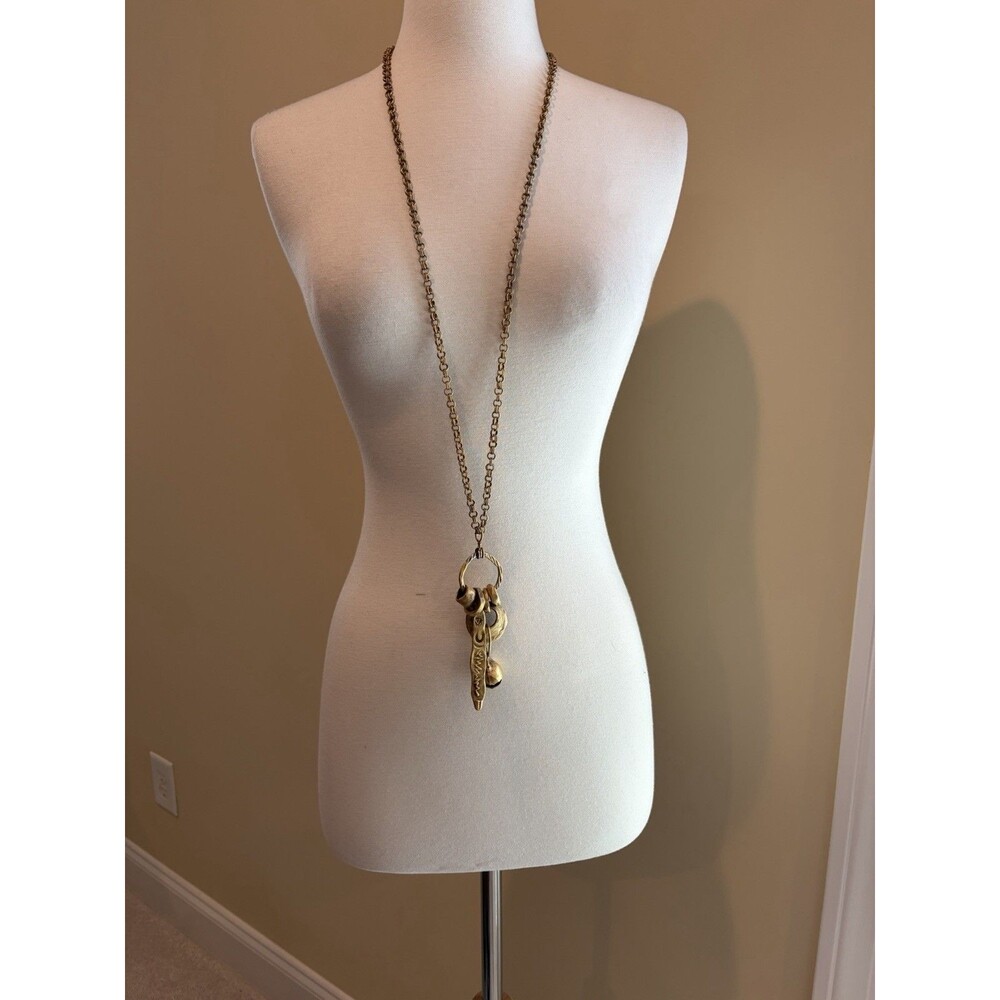 Vintage Brass Tone Artisan Statement Necklace Ethnic Tribal Bell Pendant Boho